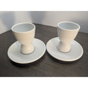 Set Of Two White Porcelain Double Egg Cups & Saucers Made In France
